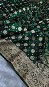 Emerald Green Banarasi Silk Saree with Gold Zari Circular Butta