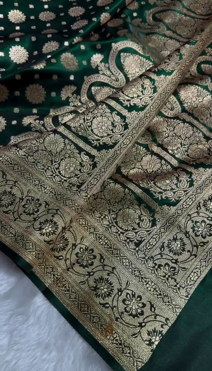 Emerald Green Banarasi Silk Saree with Gold Zari Circular Butta