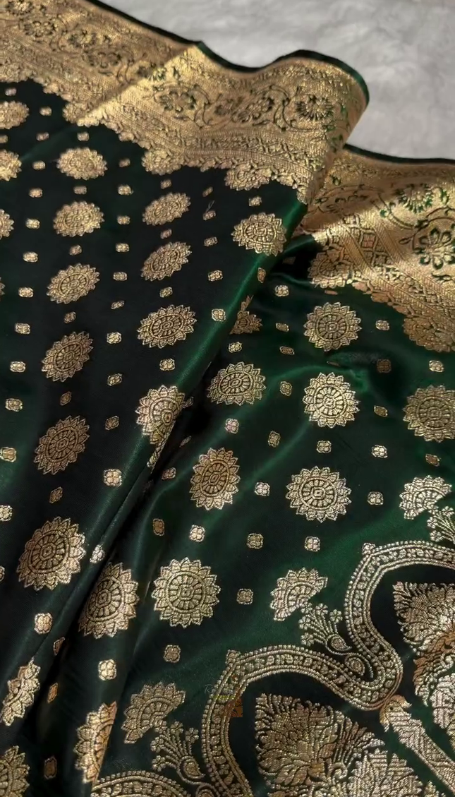 Emerald Green Banarasi Silk Saree with Gold Zari Circular Butta
