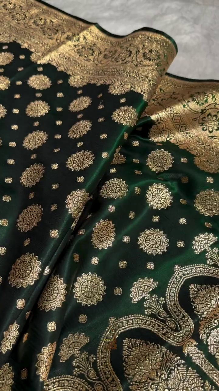 Emerald Green Banarasi Silk Saree with Gold Zari Circular Butta