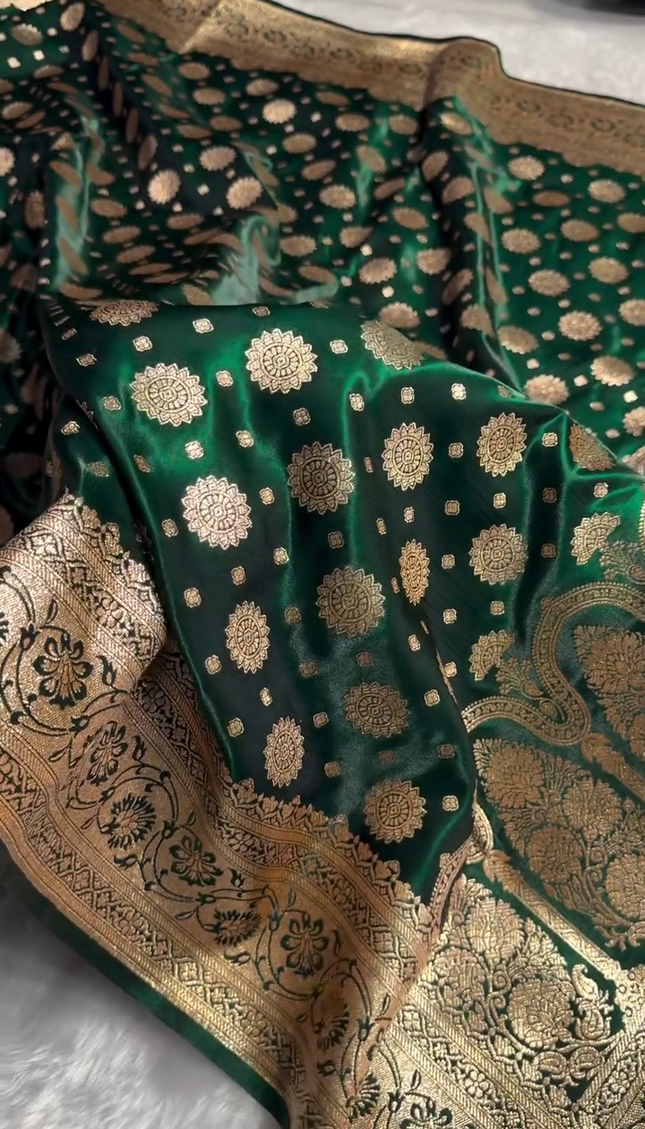 Emerald Green Banarasi Silk Saree with Gold Zari Circular Butta