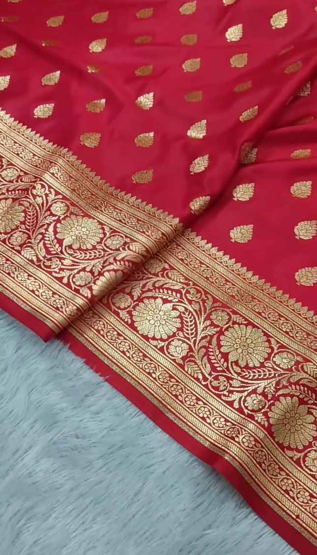 Bridal Red Gold Zari Banarasi Brocade Fabric with Heavy Border