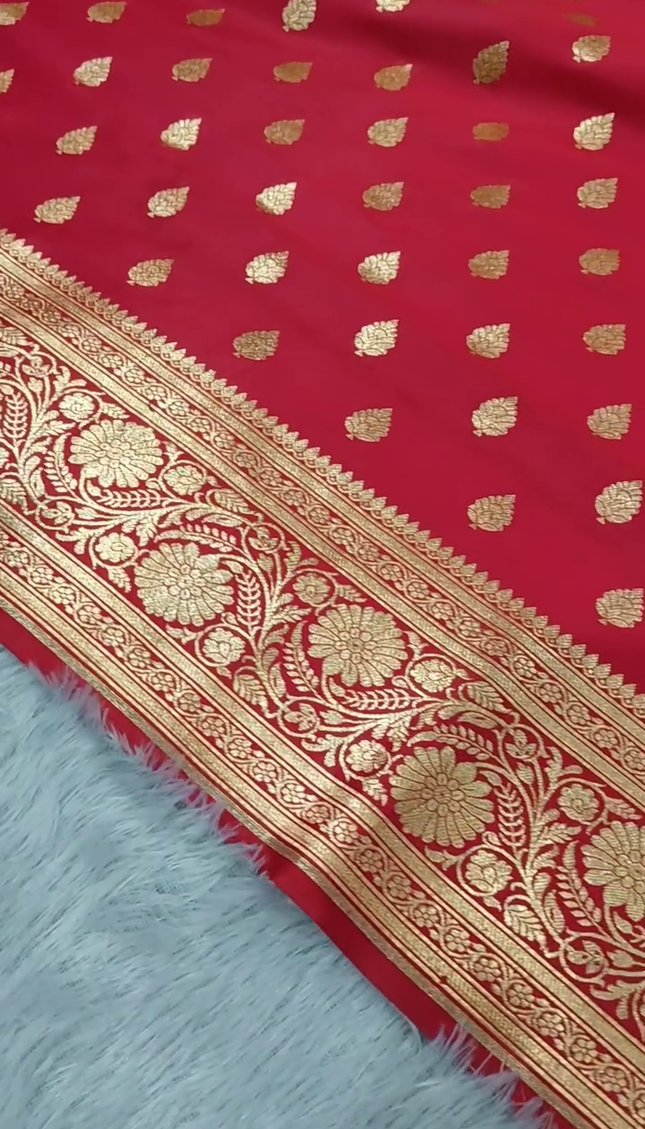 Bridal Red Gold Zari Banarasi Brocade Fabric with Heavy Border