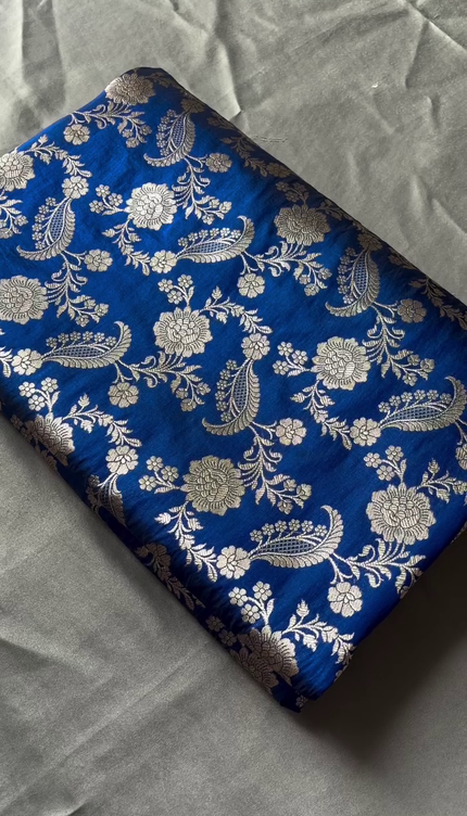 Royal Blue Silver Zari Floral Brocade Fabric