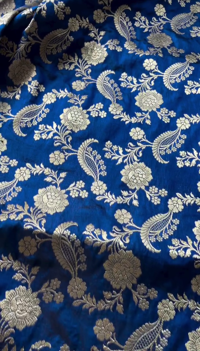 Royal Blue Silver Zari Floral Brocade Fabric