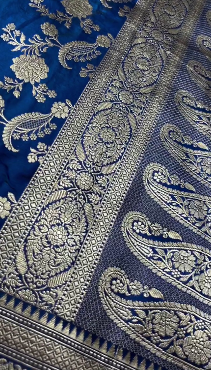 Royal Blue Silver Zari Floral Brocade Fabric