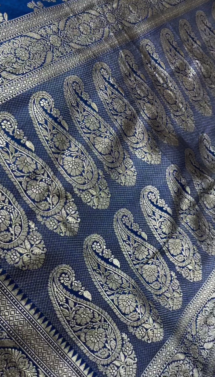 Royal Blue Silver Zari Floral Brocade Fabric