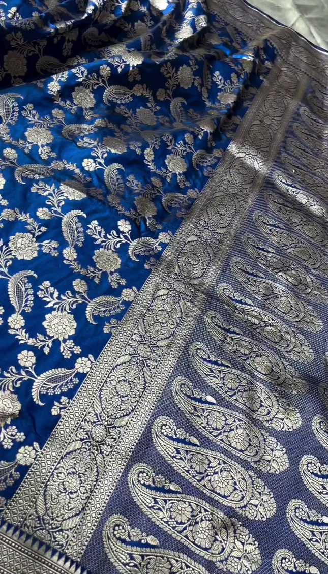 Royal Blue Silver Zari Floral Brocade Fabric