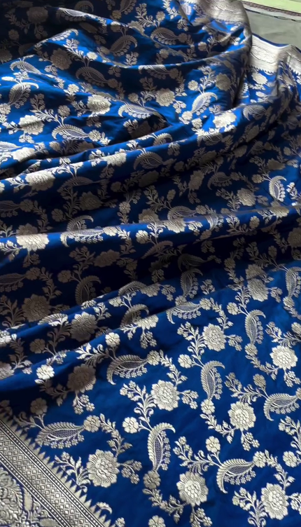 Royal Blue Silver Zari Floral Brocade Fabric