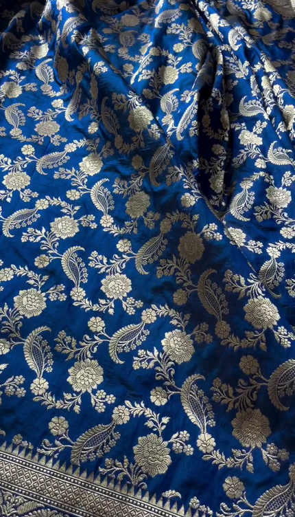 Royal Blue Silver Zari Floral Brocade Fabric