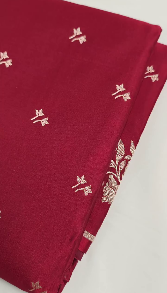 Maroon Silver Zari Buta Brocade Fabric with Elegant Border