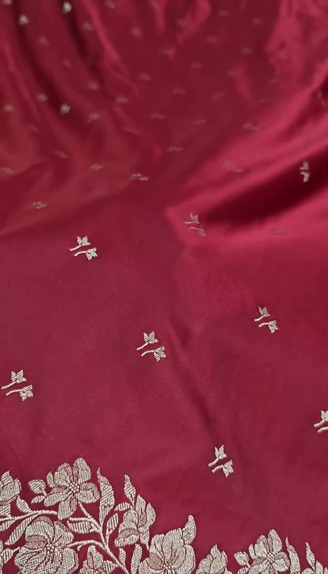 Maroon Silver Zari Buta Brocade Fabric with Elegant Border