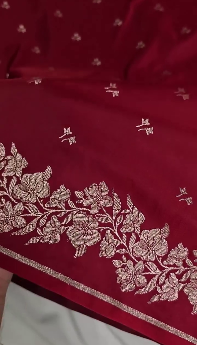 Maroon Silver Zari Buta Brocade Fabric with Elegant Border