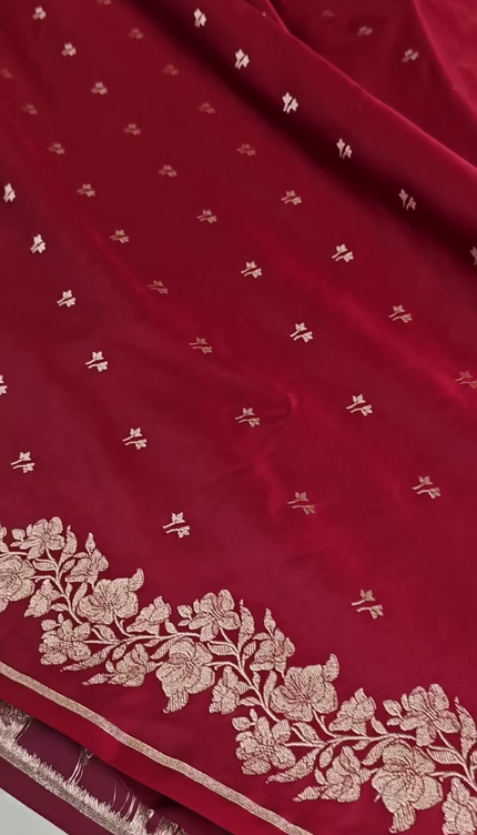 Maroon Silver Zari Buta Brocade Fabric with Elegant Border