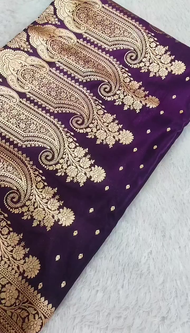 Royal Purple Gold Zari Paisley Banarasi Brocade Fabric with Heavy Border
