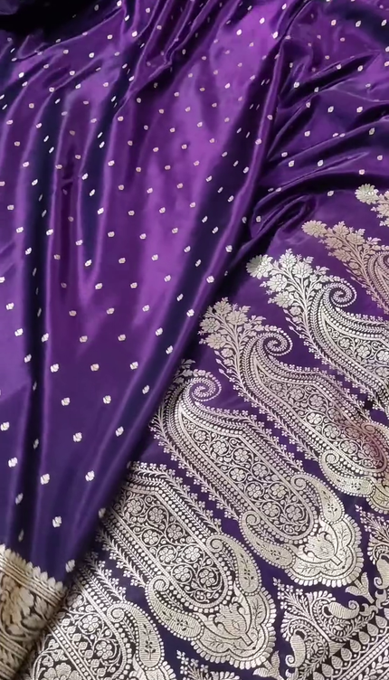 Royal Purple Gold Zari Paisley Banarasi Brocade Fabric with Heavy Border