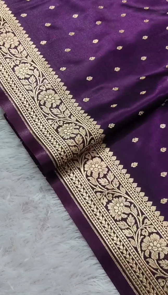 Royal Purple Gold Zari Paisley Banarasi Brocade Fabric with Heavy Border