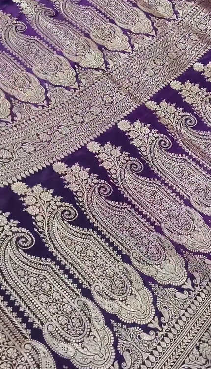Royal Purple Gold Zari Paisley Banarasi Brocade Fabric with Heavy Border