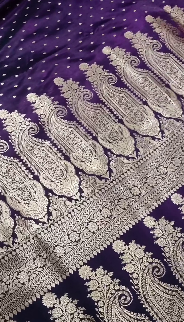 Royal Purple Gold Zari Paisley Banarasi Brocade Fabric with Heavy Border