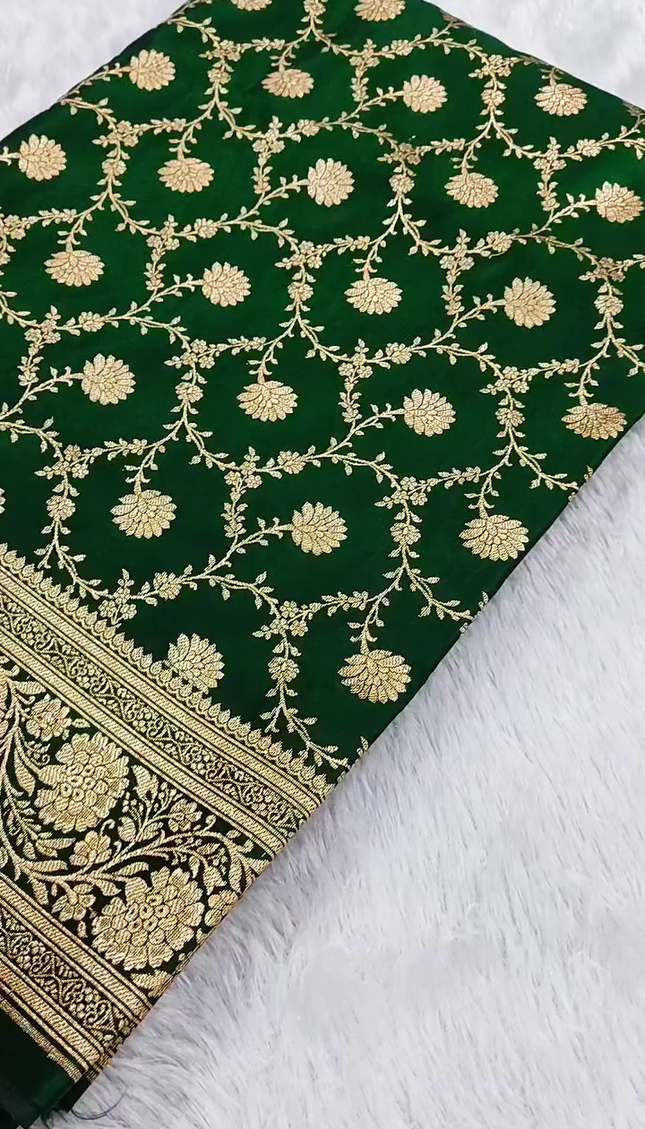 Bottle Green Gold Zari Floral Banarasi Brocade Fabric with Rich Border