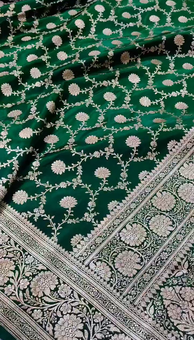 Bottle Green Gold Zari Floral Banarasi Brocade Fabric with Rich Border