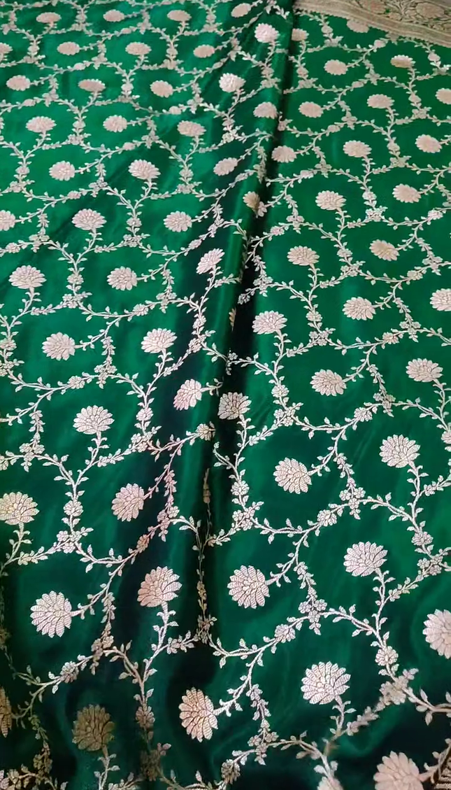 Bottle Green Gold Zari Floral Banarasi Brocade Fabric with Rich Border