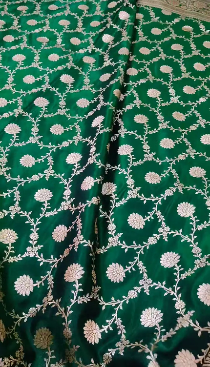 Bottle Green Gold Zari Floral Banarasi Brocade Fabric with Rich Border