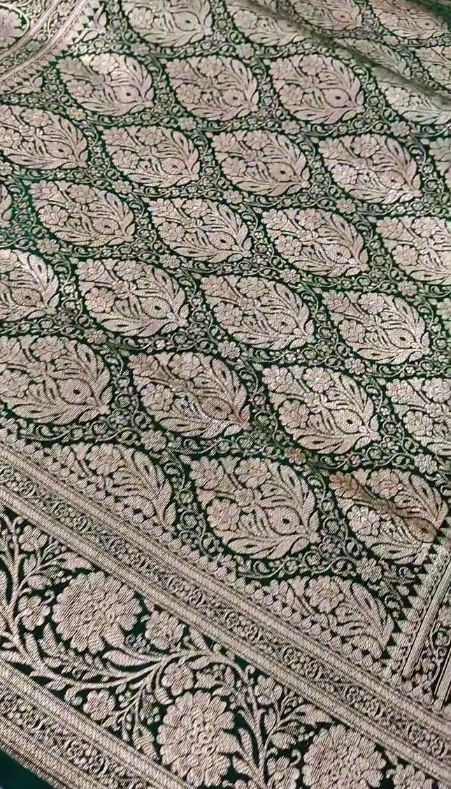 Bottle Green Gold Zari Floral Banarasi Brocade Fabric with Rich Border