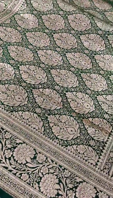 Bottle Green Gold Zari Floral Banarasi Brocade Fabric with Rich Border