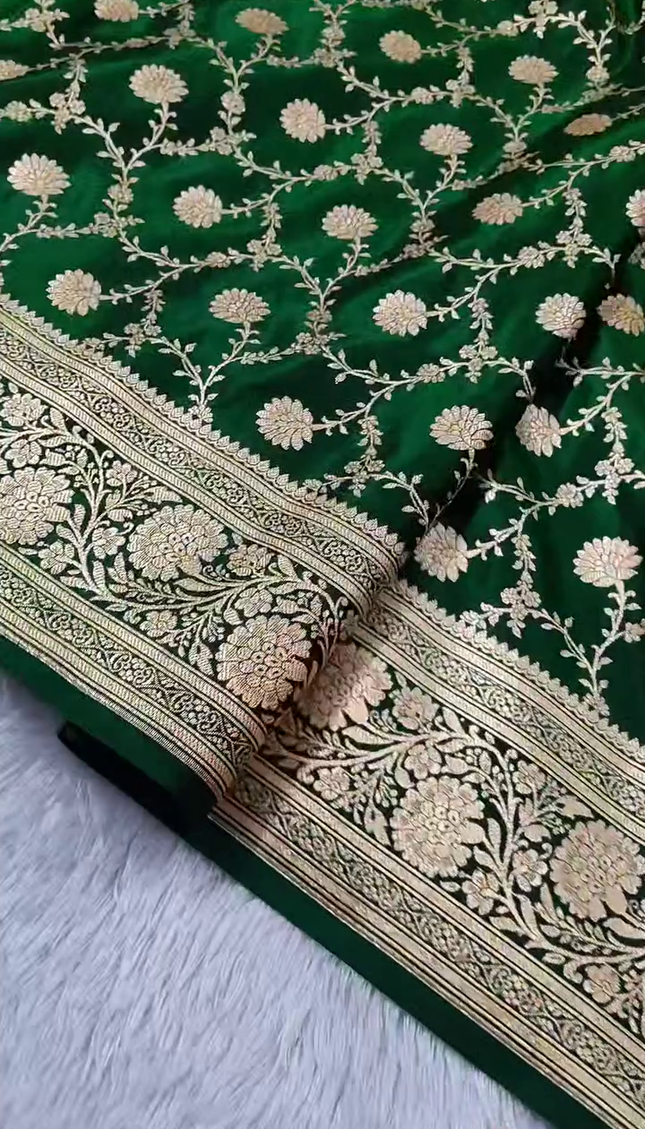 Bottle Green Gold Zari Floral Banarasi Brocade Fabric with Rich Border