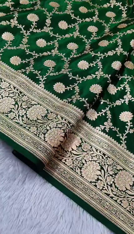 Bottle Green Gold Zari Floral Banarasi Brocade Fabric with Rich Border