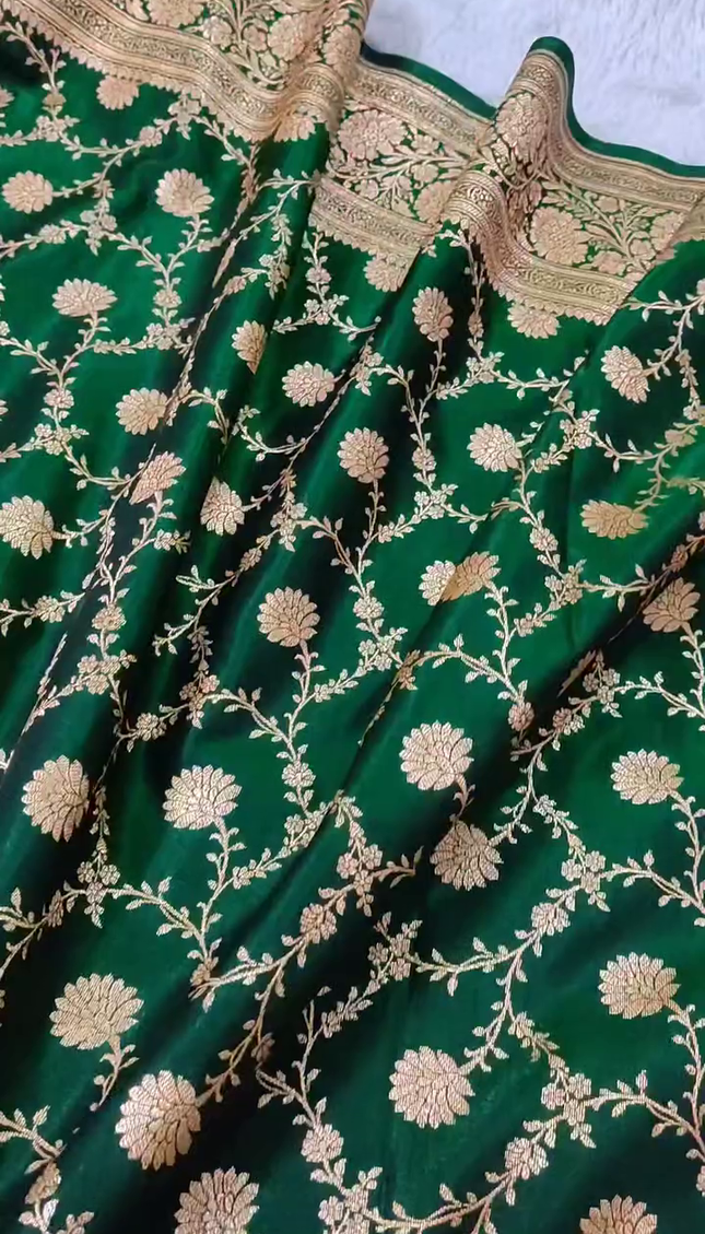 Bottle Green Gold Zari Floral Banarasi Brocade Fabric with Rich Border
