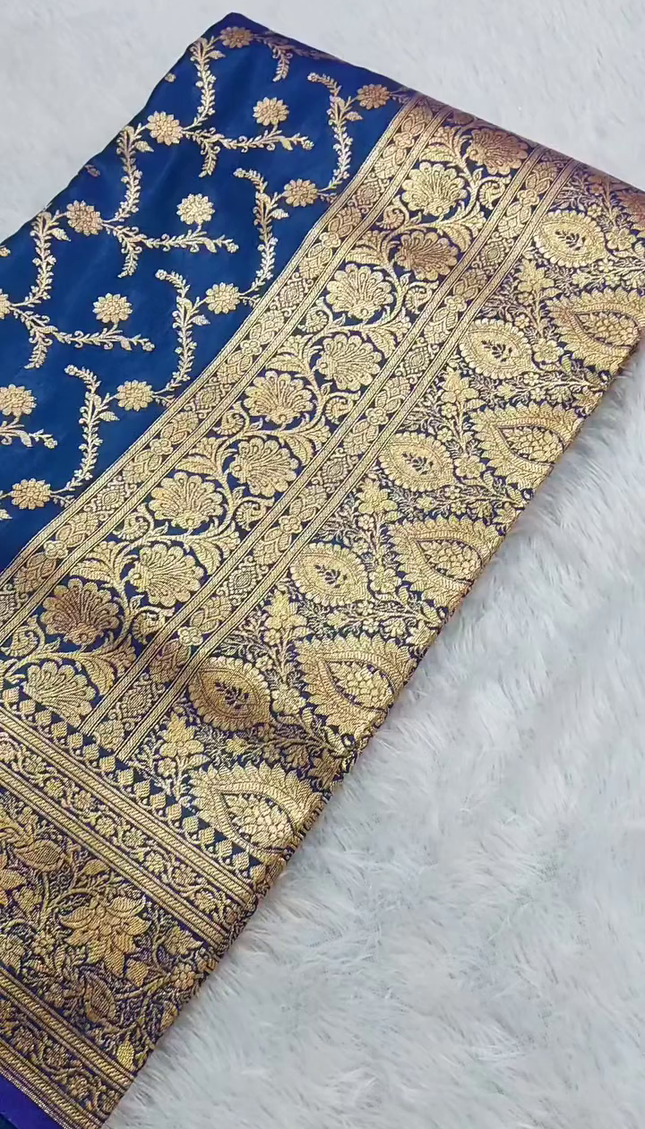 Royal Blue Gold Zari Banarasi Brocade Fabric with Rich Border