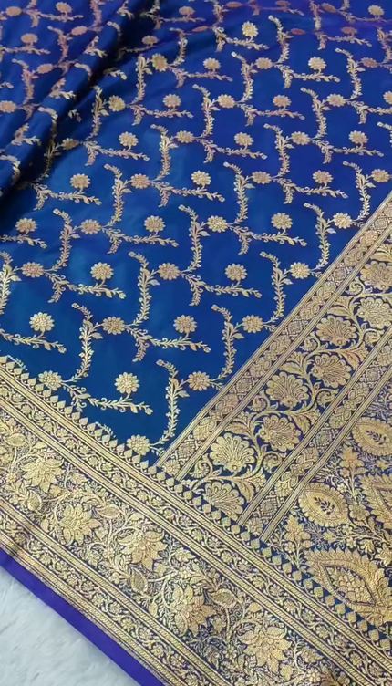 Royal Blue Gold Zari Banarasi Brocade Fabric with Rich Border