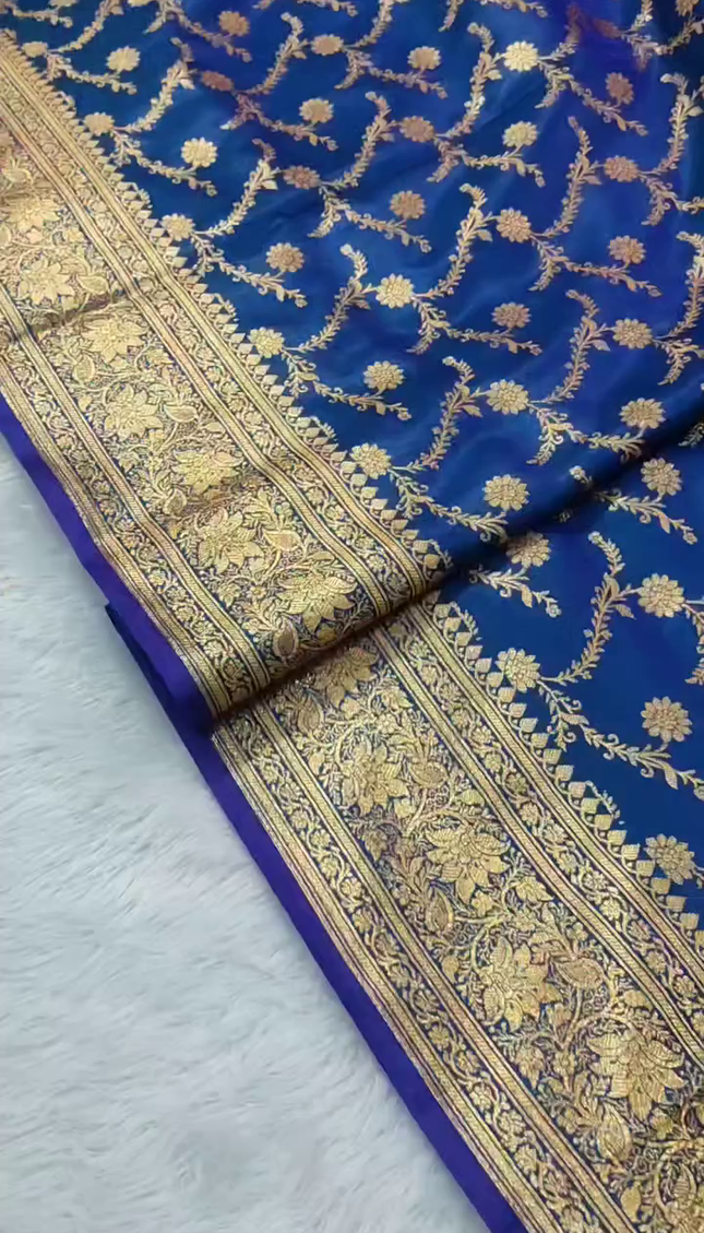 Royal Blue Gold Zari Banarasi Brocade Fabric with Rich Border