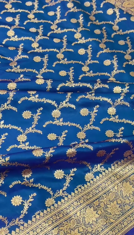 Royal Blue Gold Zari Banarasi Brocade Fabric with Rich Border