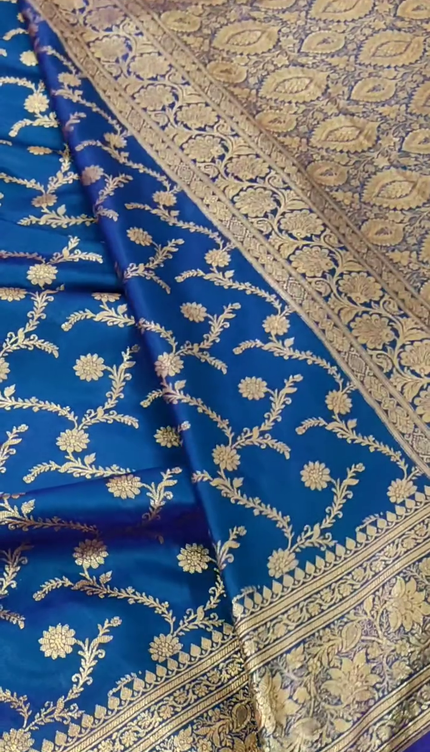 Royal Blue Gold Zari Banarasi Brocade Fabric with Rich Border