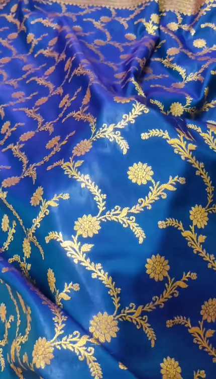 Royal Blue Gold Zari Banarasi Brocade Fabric with Rich Border