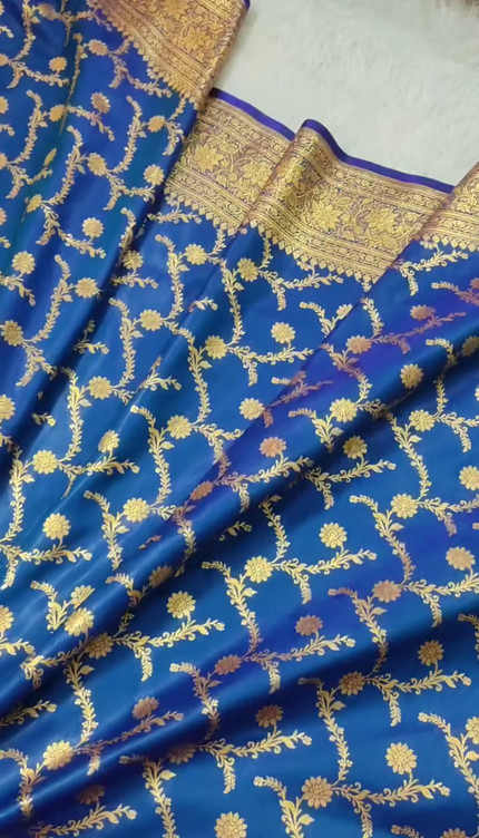 Royal Blue Gold Zari Banarasi Brocade Fabric with Rich Border