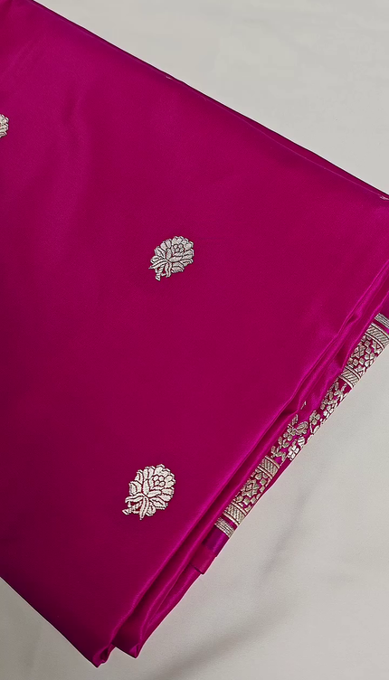 Rani Pink Silver Zari Buta Banarasi Brocade Fabric with Border