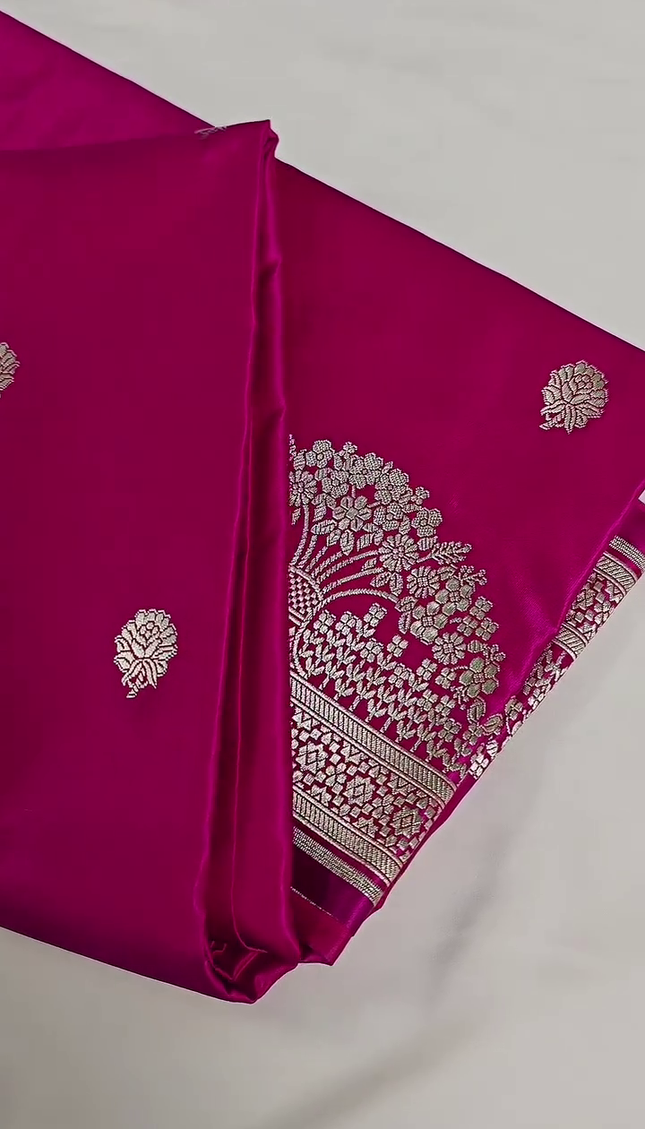 Rani Pink Silver Zari Buta Banarasi Brocade Fabric with Border