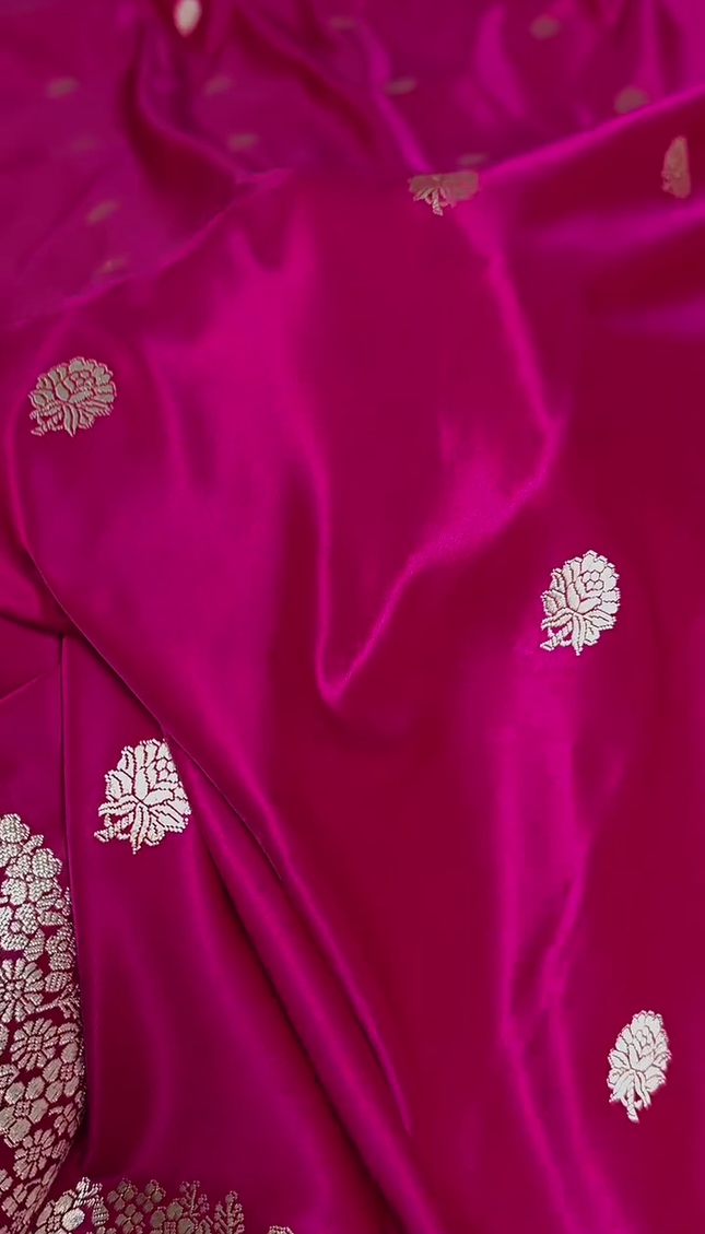 Rani Pink Silver Zari Buta Banarasi Brocade Fabric with Border