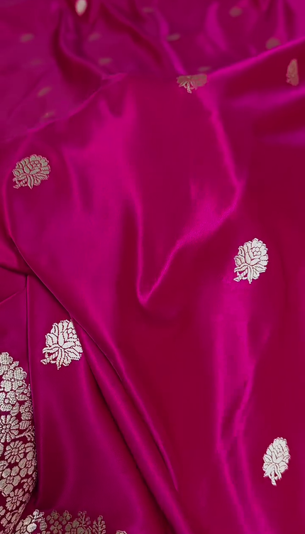 Rani Pink Silver Zari Buta Banarasi Brocade Fabric with Border