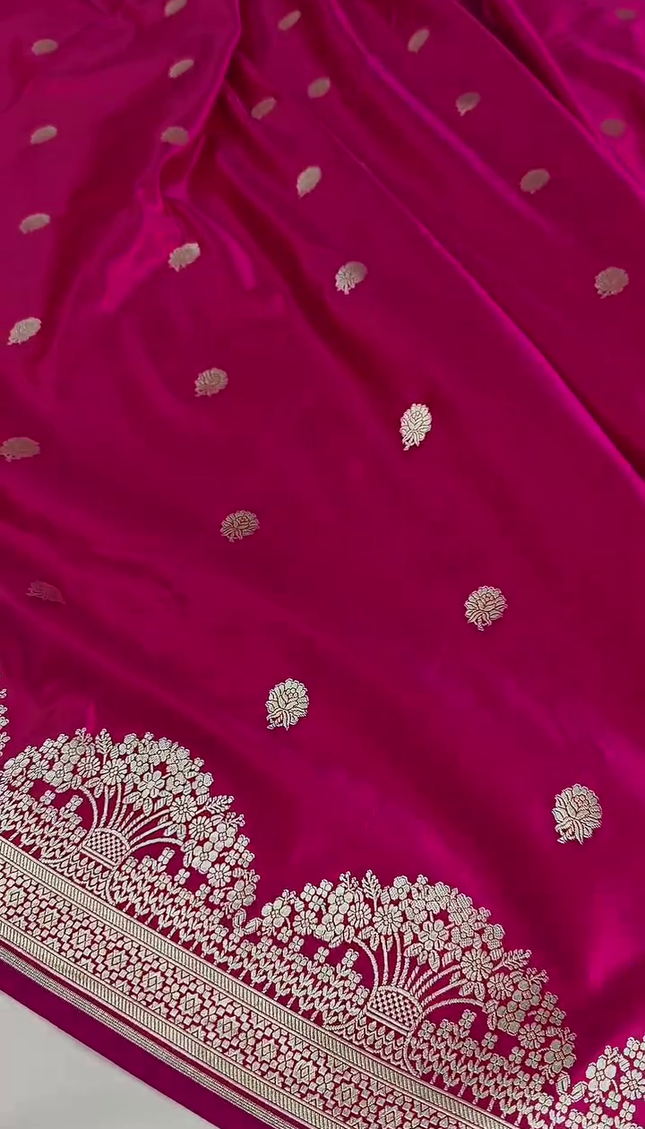 Rani Pink Silver Zari Buta Banarasi Brocade Fabric with Border