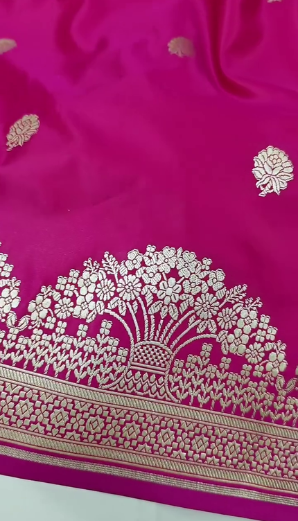 Rani Pink Silver Zari Buta Banarasi Brocade Fabric with Border
