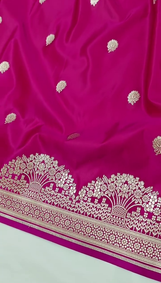 Rani Pink Silver Zari Buta Banarasi Brocade Fabric with Border