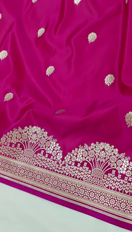 Rani Pink Silver Zari Buta Banarasi Brocade Fabric with Border