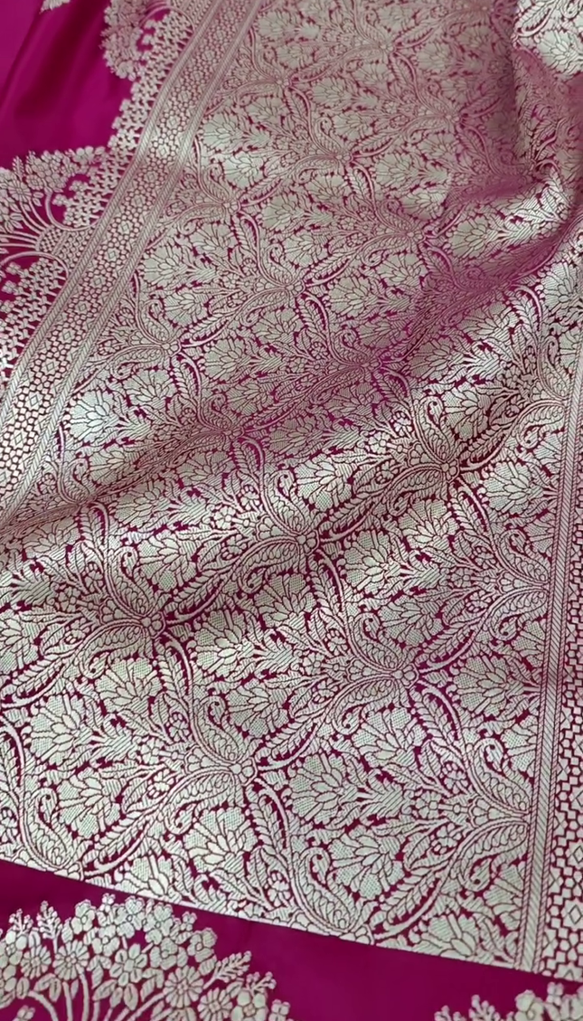 Rani Pink Silver Zari Buta Banarasi Brocade Fabric with Border