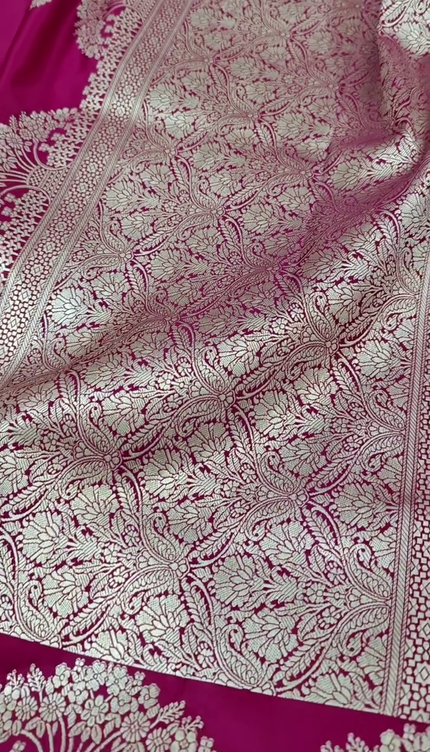 Rani Pink Silver Zari Buta Banarasi Brocade Fabric with Border