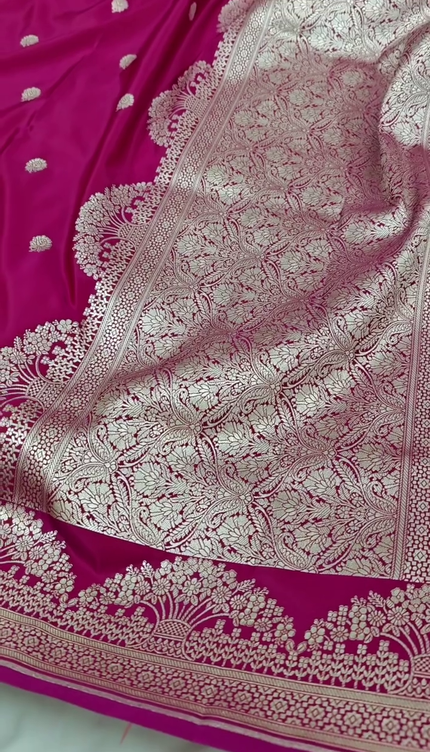 Rani Pink Silver Zari Buta Banarasi Brocade Fabric with Border